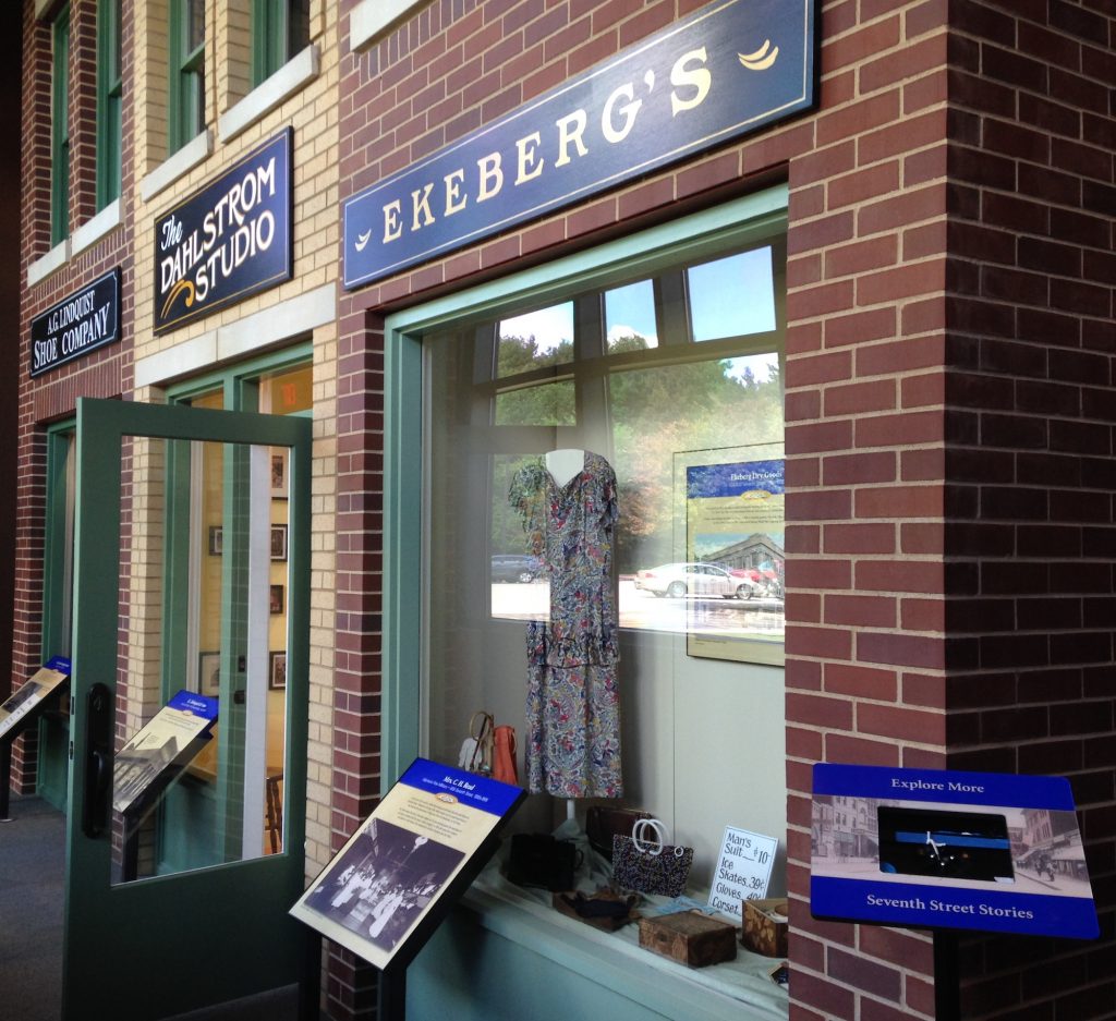 Two-story buildings recreate real Rockford businesses. Through artifacts and text, visitors can walk through time, 